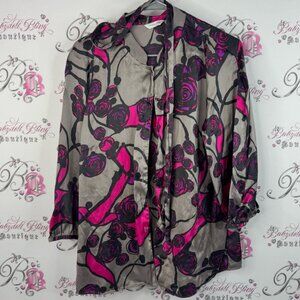 Windsmoor top 100% silk button up flowers tie up tassle detail Floral Blouse